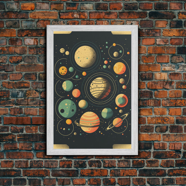 Art Deco Inspired Planetary Solar System Art, Framed Canvas Print, Cute Nursery Decor