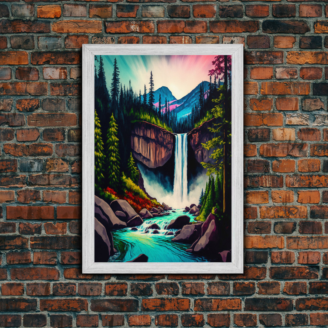 Yellowstone, Watercolor of a secret forest waterfall, framed canvas print, fantasy wall decor