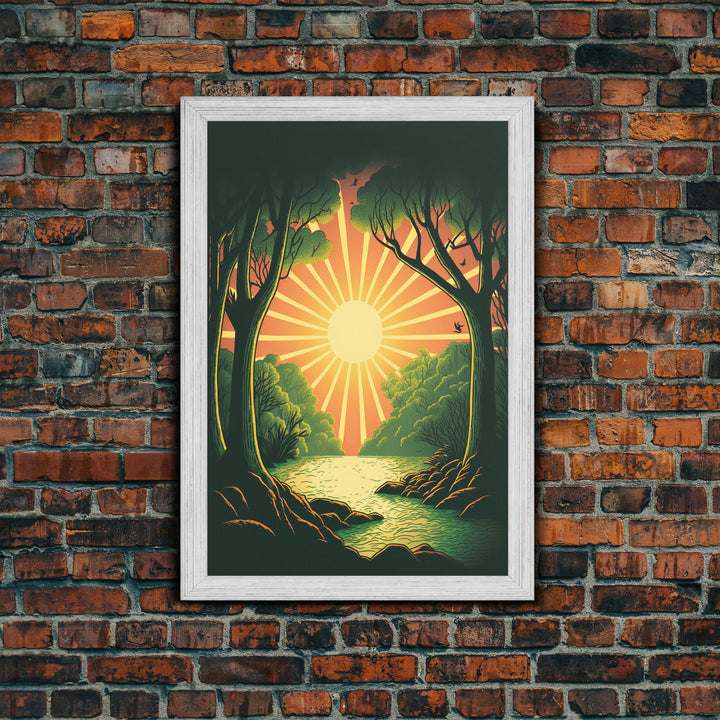 Retro Style Sunset Art, Art Deco Style Landscape Decor, Framed Canvas Print, Sunrise Golden Hour Art