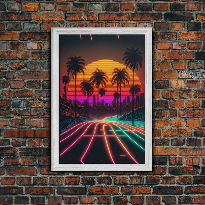 Neon Wireframe Road at Sunset, Outrun / Synthwave Palm Tree Art, 80s Retro Inspired Art, Framed Canvas Print