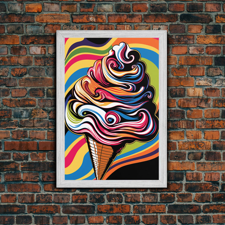 Pop Art Ice Cream, Psychedelic Ice cream cone, framed canvas print, large wall art, wall decoration