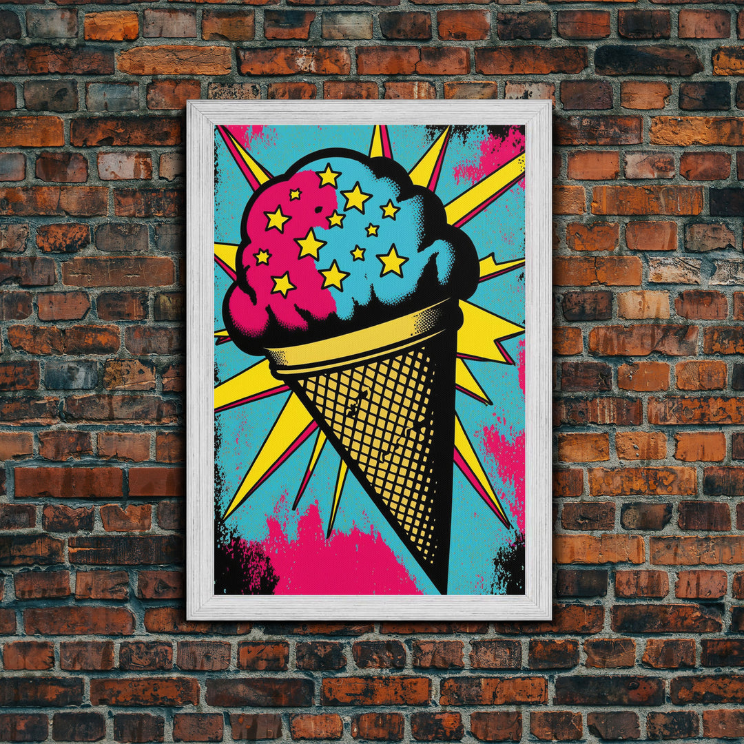 Pop Art Ice Cream, Psychedelic Ice cream cone, framed canvas print, large wall art, wall decoration, ice cream shop art