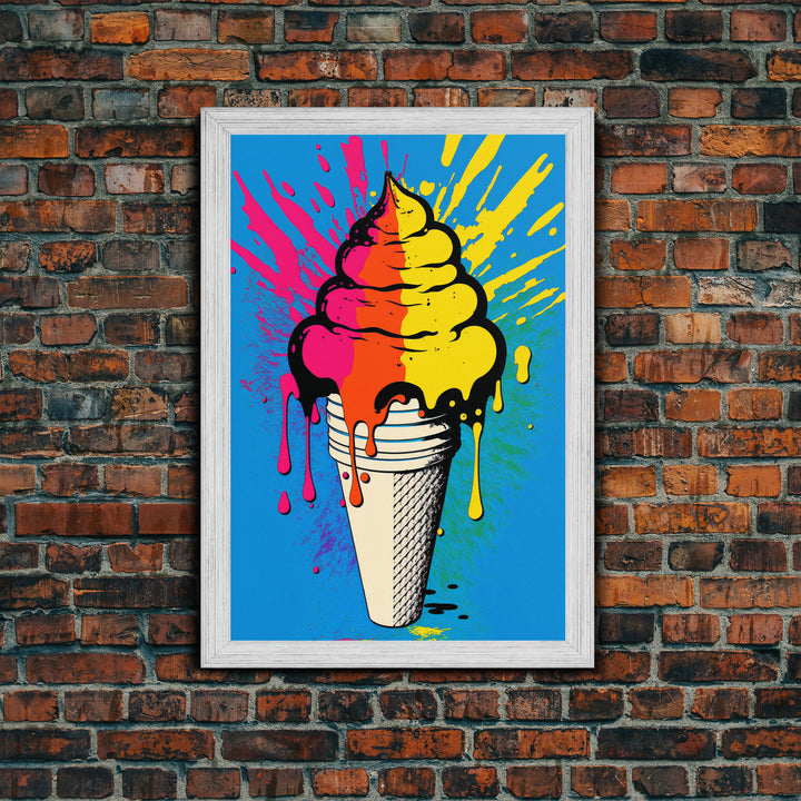 Pop Art Graffiti Ice Cream, Framed Canvas Print, Unique Colorful Wall Art, Paint Splatter Graffiti art, large wall art home decor