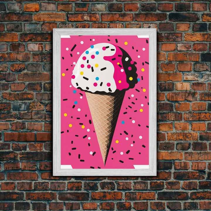 Pop Art Graffiti Ice Cream With Sprinkles, Framed Canvas Print, Colorful Wall Art, Paint Splatter Graffiti art, large wall art home decor