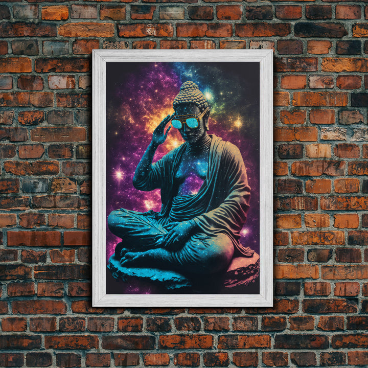 Psychedelic Buddha Wearing Aviators / Sunglasses, Meditation Art, Framed Canvas Print