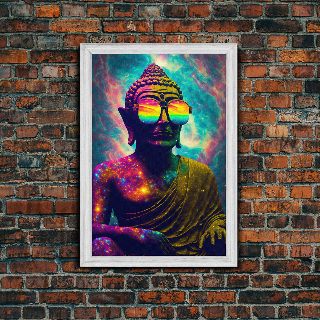 Open Your Mind, Psychedelic Buddha Wearing Aviators / Sunglasses, Meditation Art, Framed Canvas Print, Color Pop Art