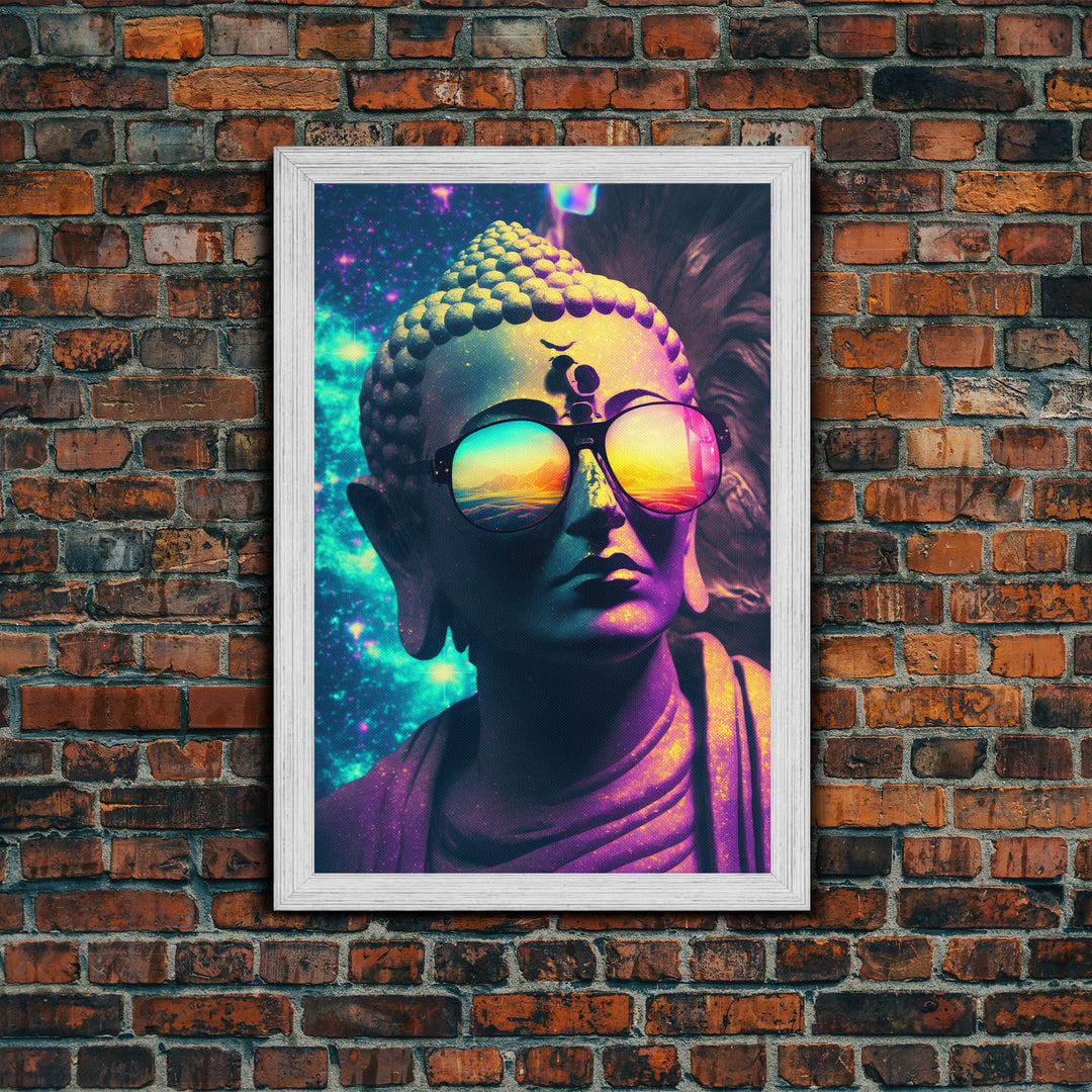 Open Your Mind, Psychedelic Buddha Statue Wearing Aviators / Sunglasses, Meditation Art, Framed Canvas Print, Color Pop Art