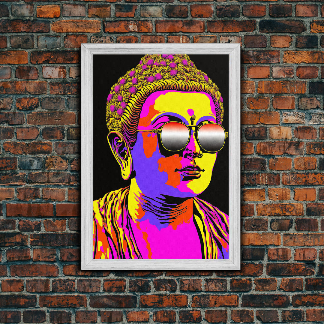 Heatwave Buddha Statue Wearing 80s Style Sunglasses, Framed Canvas Print, Psychedelic Meditation Buddhism Art, Art Deco Sunburst Buddha Art