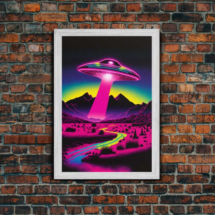 Psychedelic UFO Art, The Abduction, Retro 80s Style Scifi Art, Framed Canvas Print