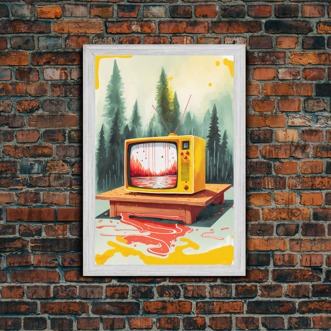 Abstract Surreal Landscape Art, Framed Canvas Print, Retro TV in a Forest, Weird / Strange Home Decor