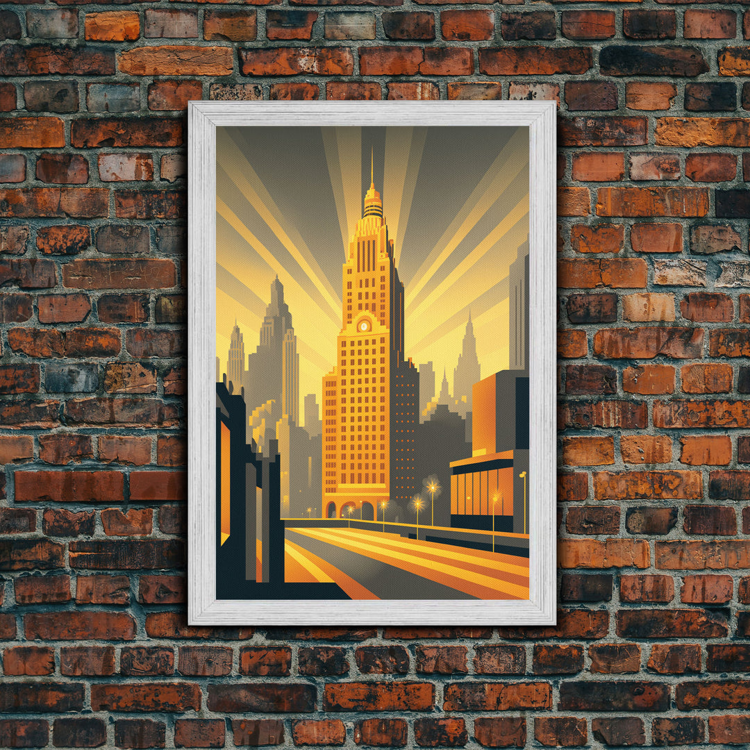 Art Deco Architecture, Framed Canvas Print, 1930s Style Art Deco City Skyline