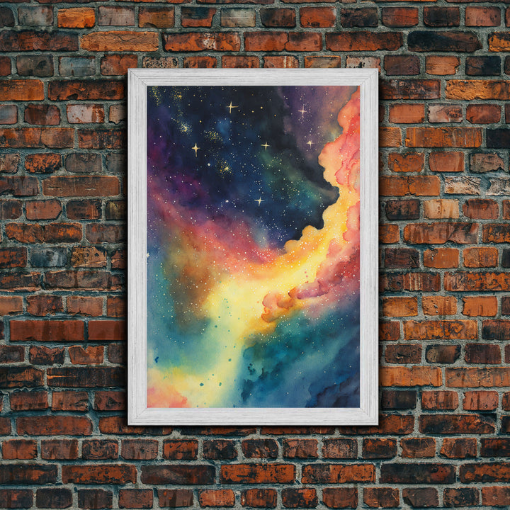 The Rainbow Nebula, Deep Space Art, Framed Canvas Print, Watercolor Painting of Space