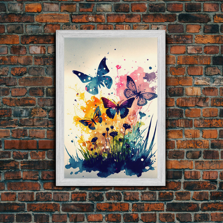 Watercolor Painting Of Butterfly and Wild Flowers, Framed Canvas Print, Colorful Living Room Wall Arrt