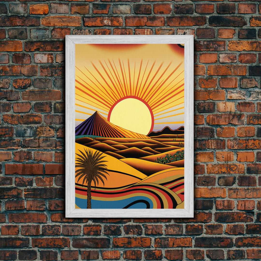 Art Deco Style Desert Landscape Painting Canvas Print, Framed Canvas Art, Unique Arizona Pueblo Style Southwestern Art