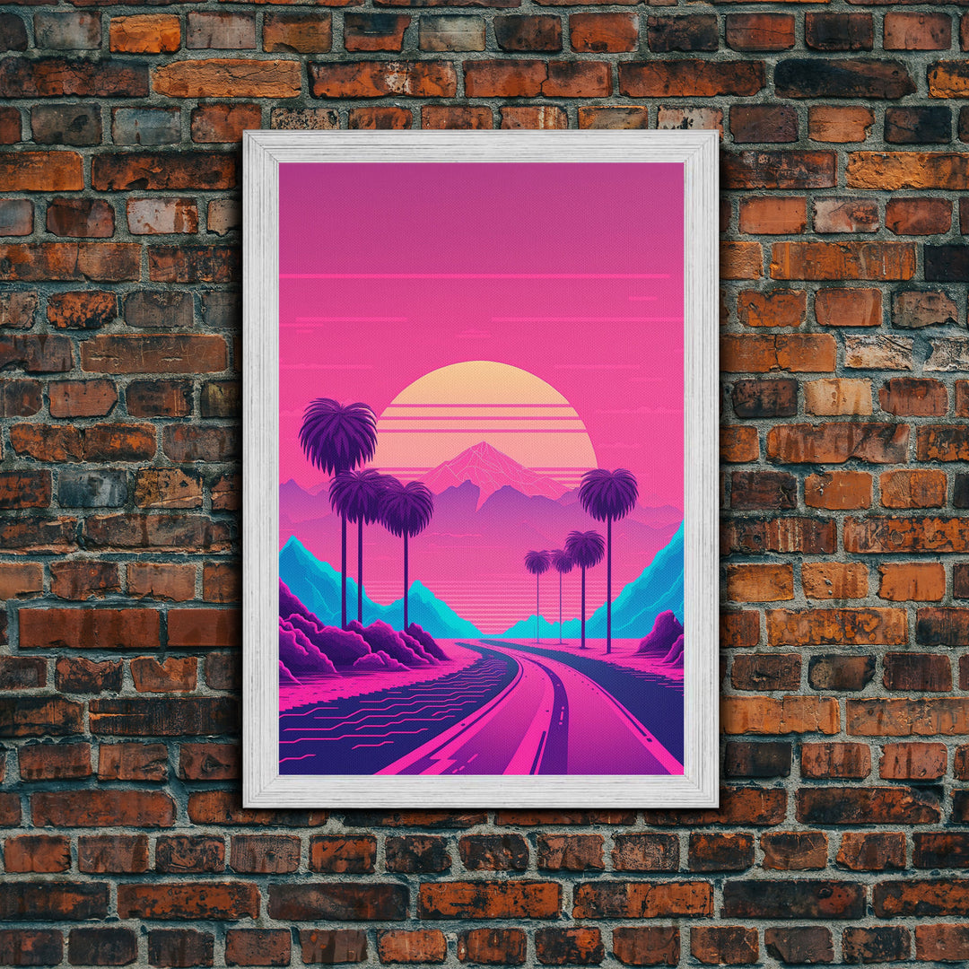 Retro Synthwave 80s Vibes Sunset Over The Mountains and Palm Trees, Highway, Framed Canvas Print