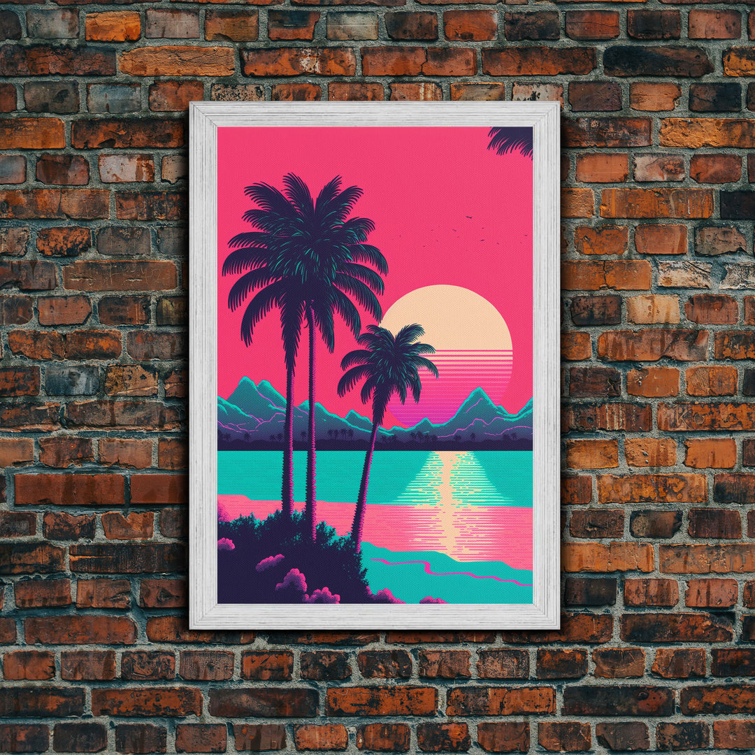 Retro Synthwave 80s Vibes Sunset Over The Mountains and Palm Trees, Highway, Framed Canvas Print