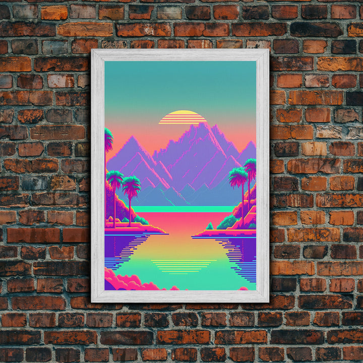 Retro Vaporwave Aesthetic Pixel Art Sunset, Turquoise and Pink Fantasy Landscape Art, Gamer Decor, Game Room Art