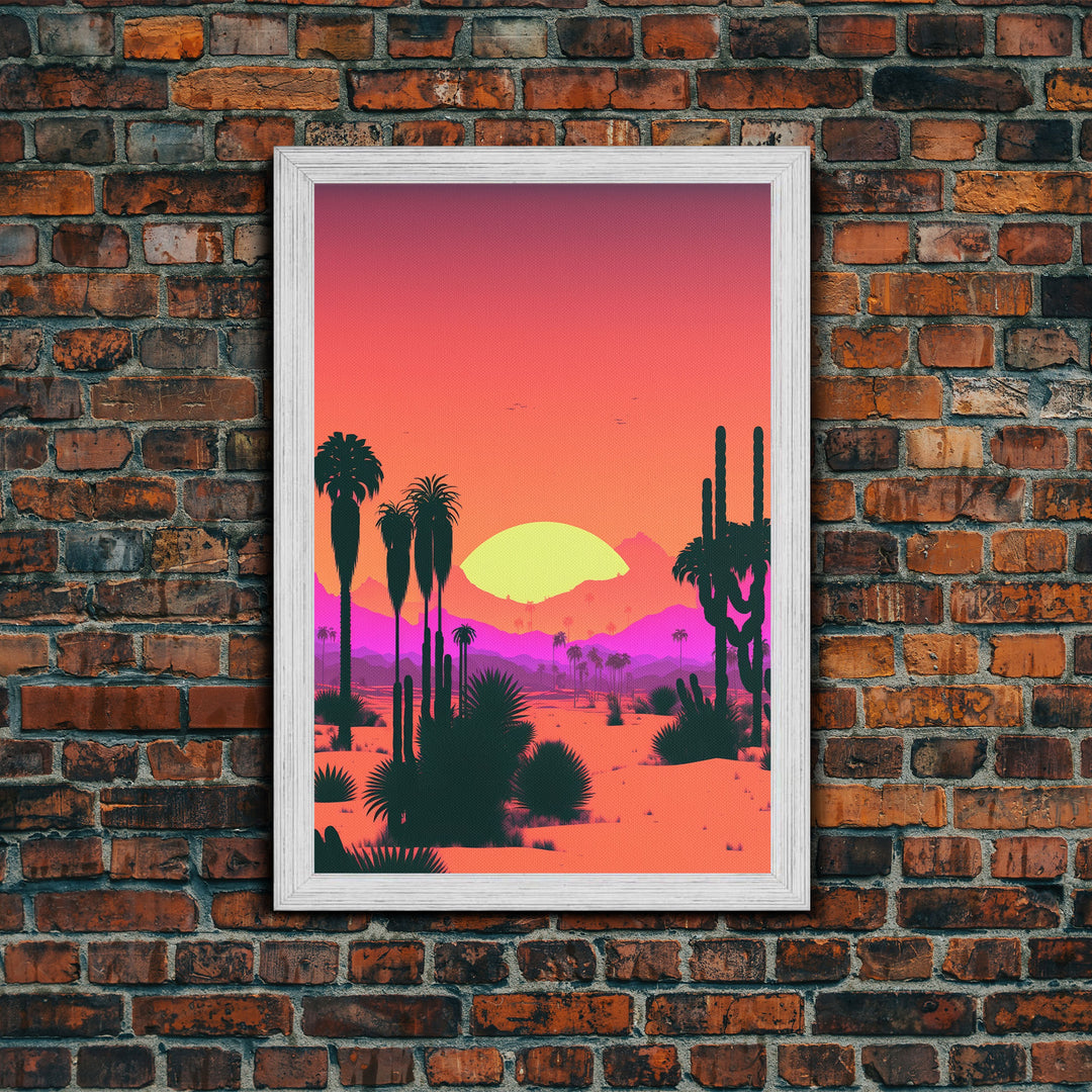 Retro Art Deco Style Minimalist Desert Landscape Print, Framed Canvas Art, Synthwave Style, Southwestern Decor, Western Art, Guest Room