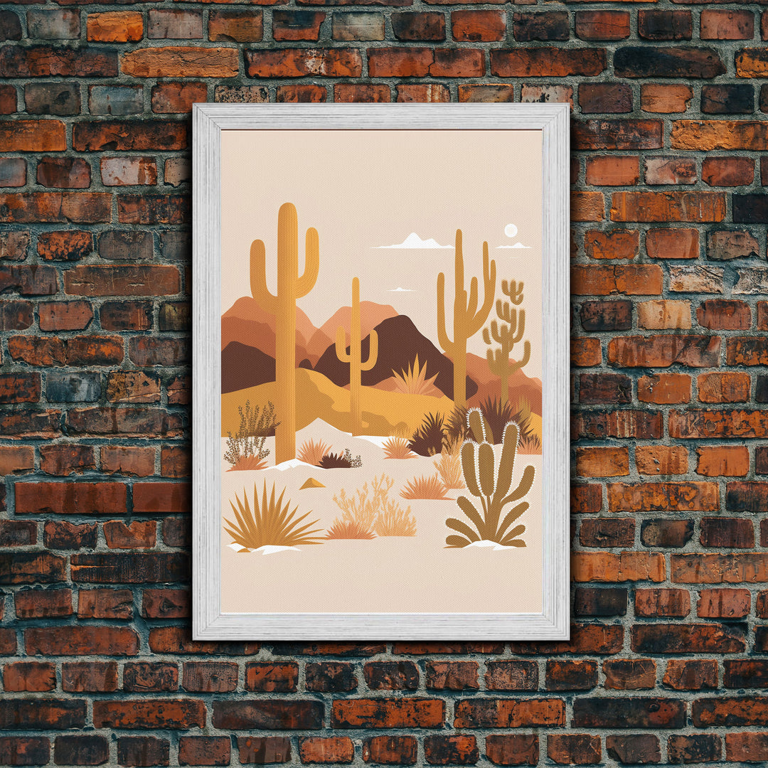 Boho Style Desert Art, Framed Canvas Print, Pueblo Style Cactus and Desert Landscape Art