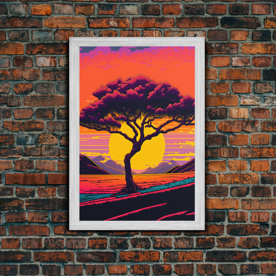 Weeping Willow At Sunset, Retro Style MCM Art, Framed Canvas Print, Trendy Wall Prints, Landscape and Sunset Outrun Art