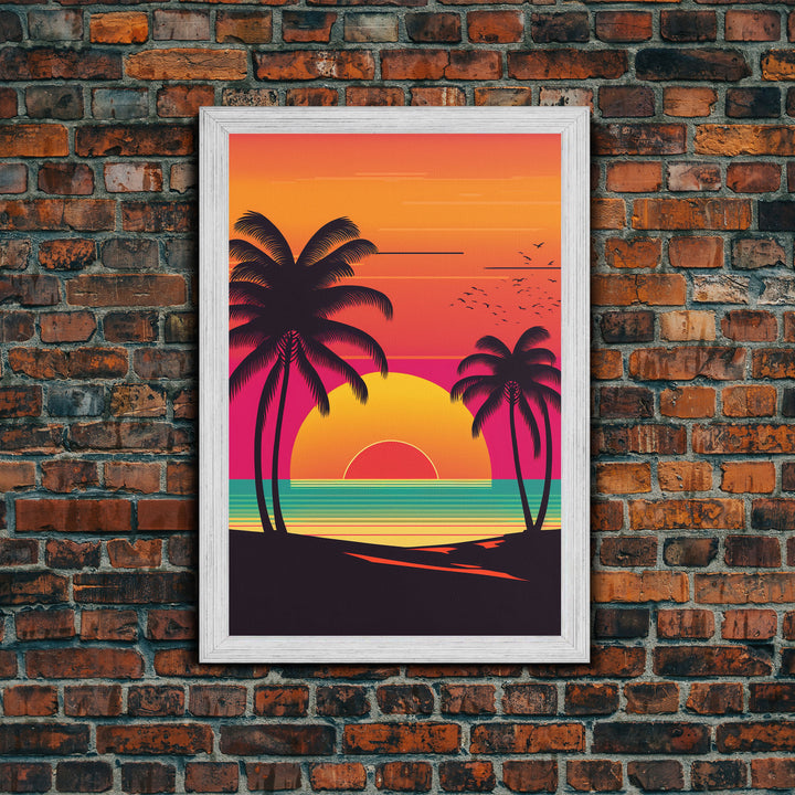 Retro Beach Vibes, Palm Trees at Sunset, Retrowave Landscape Art, Framed Canvas Print,  Florida Art, California Art, Game Room Decor