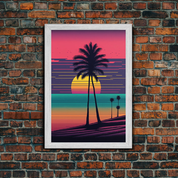 Framed Canvas Print | Synthwave Sunset with Palm Trees | Home Decor | Ready to Hang | Retro Style Decor