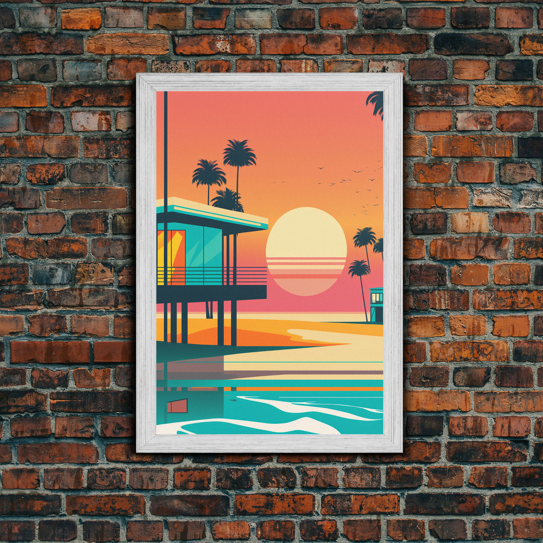 Art Deco Sunset Beach Canvas Print, Minimalist Retro Palmtree Vibe, Vaporwave Art, 80s Retro Vibes, Miami Inspired Art