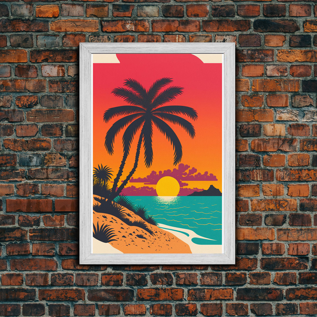 Framed Canvas Print - Art Deco Sunset, Beaches, Minimalist Palm trees - Island Vibes - Retro Tropical Art - Pop Art Beach Decor