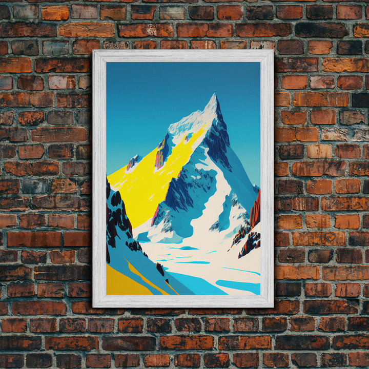 Retro Mount Everest Landscape Art, Framed Canvas Print, Retro Style Painting, Snow Capped Peaks, Orange Landscape, Minimalist MCM Art