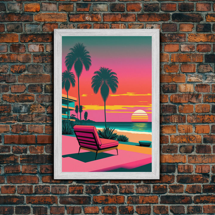 Framed Canvas Print – Art Deco Sunset Beach, Minimalist, Retro, Palm Trees, Synthwave, Vaporwave, Island Vibes, Lounging, Synthwave Deco