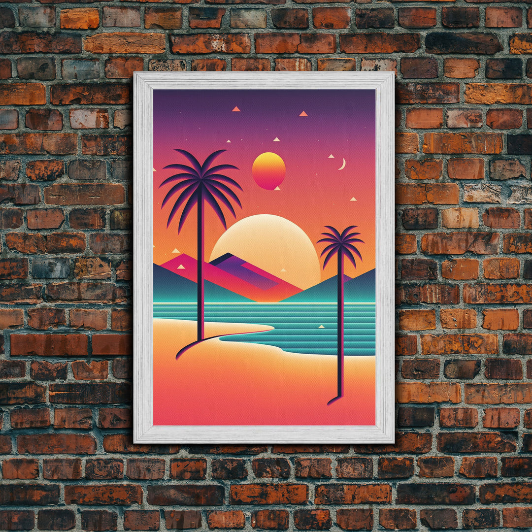 Framed Canvas Print | Art Deco Sunset | Retro Style | Palm Trees | Island Vibes | Desert Pyramids and Palm Trees | Desert Art