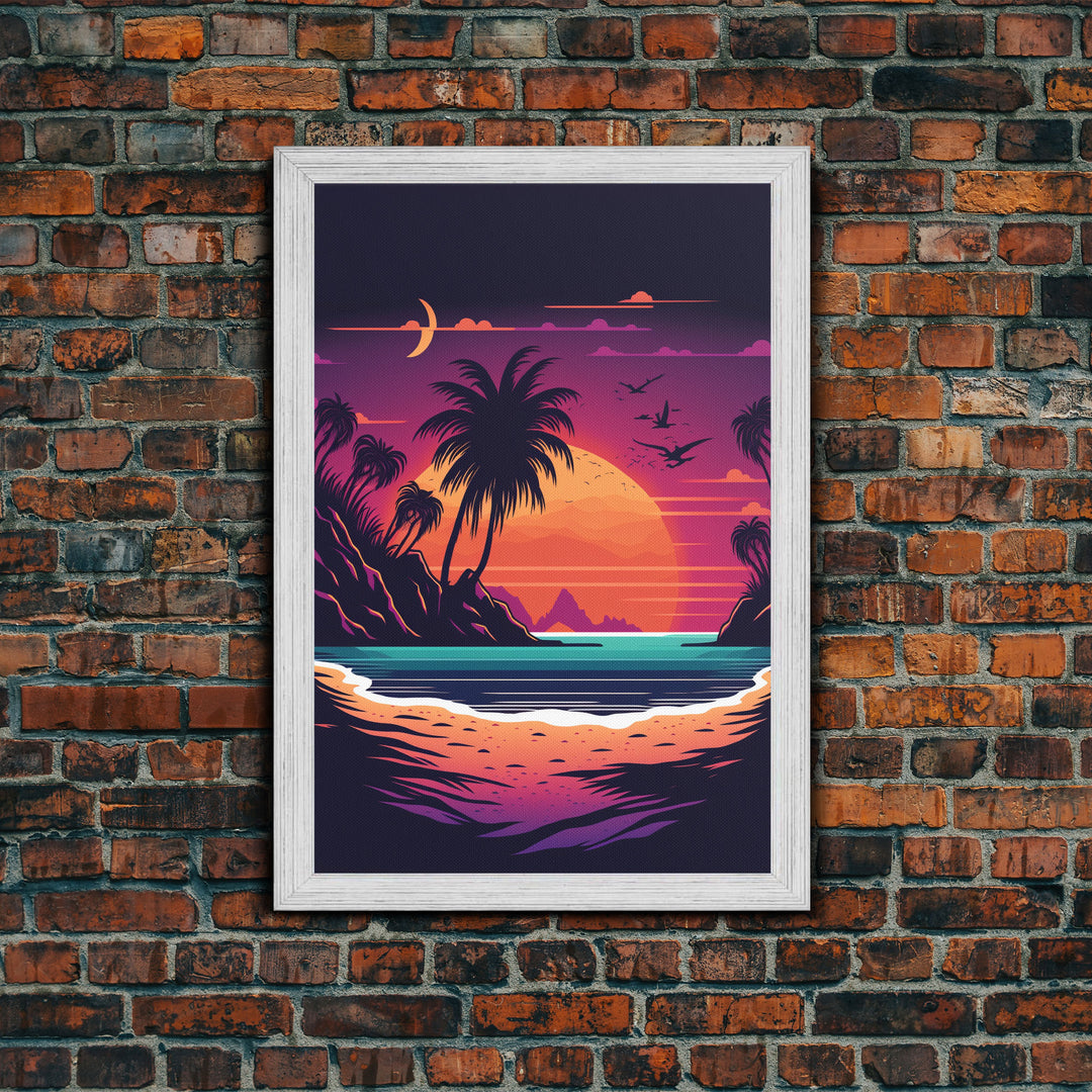 Framed Canvas Print - Pop Art Style Beach at Sunset with Palm Trees - Retro Style - Living Room / Office / Bedroom Wall Art