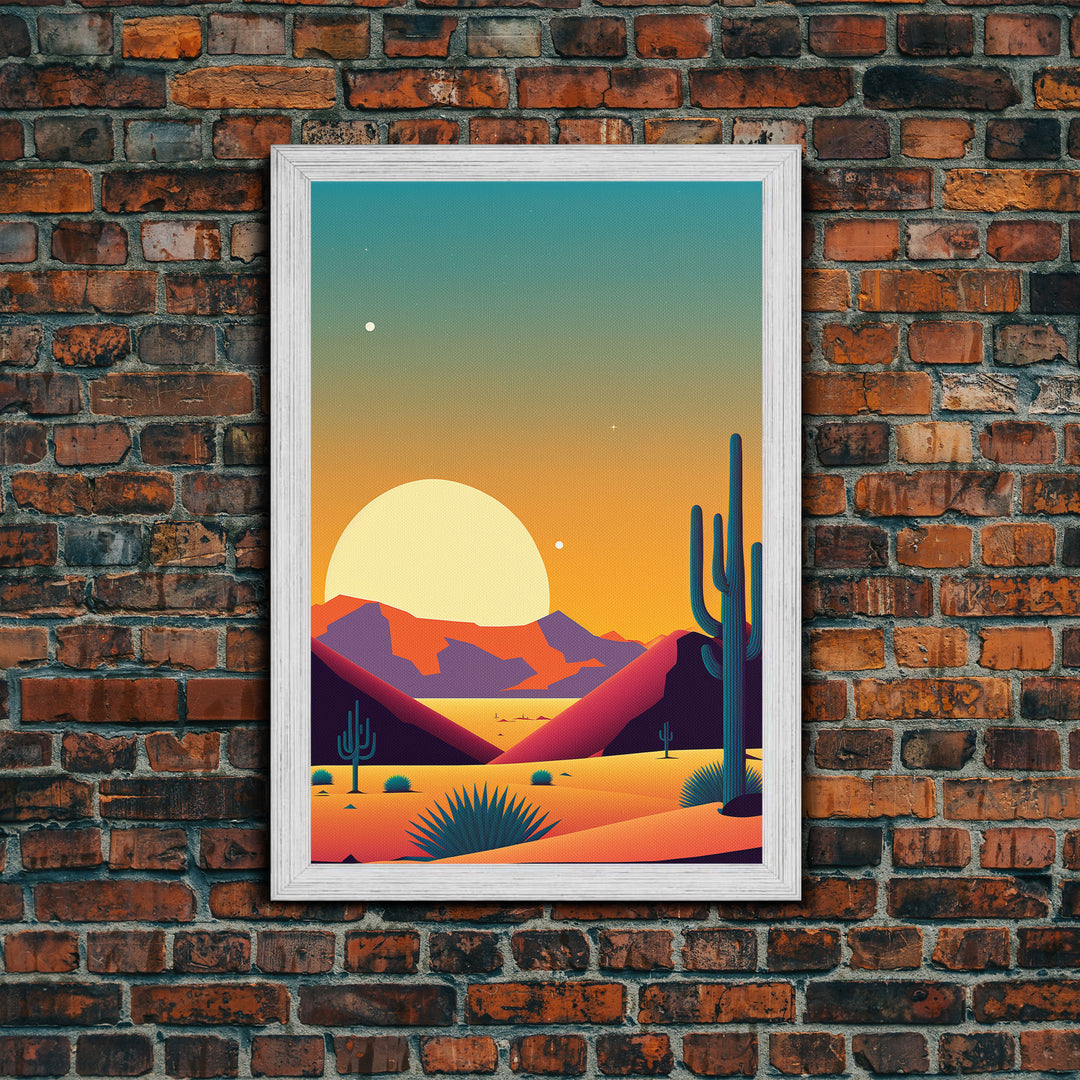 Framed Canvas Print - Pop Art Desert Landscape at Sunset - Ready to Hang Wall Art - Retro Desert Prints - Minimalist Art