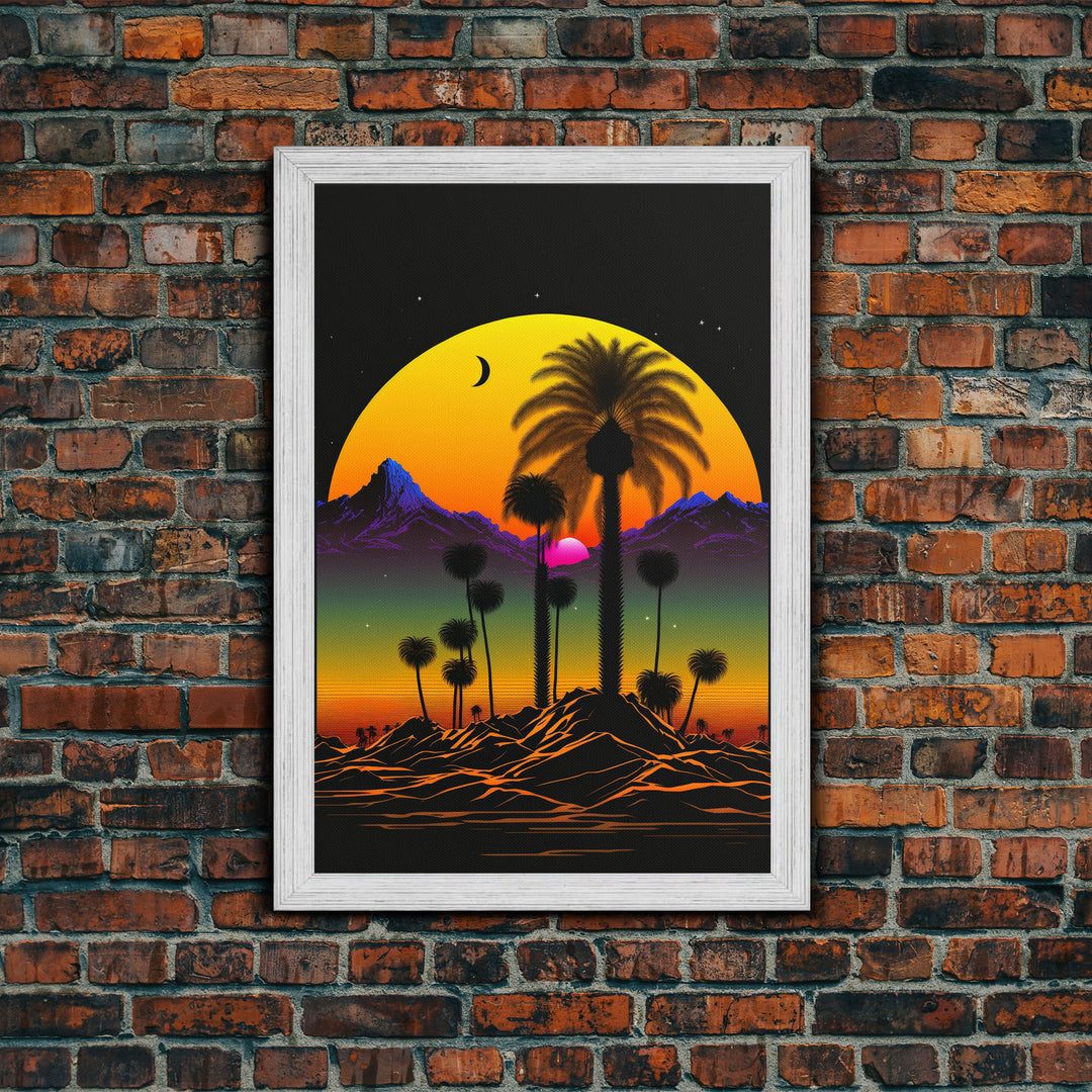 Pop Art Framed Canvas Print of Desert Landscape at Sunset, Outrun Style Sunset Full Moon Art, Unique 80s Vibe Retro Art