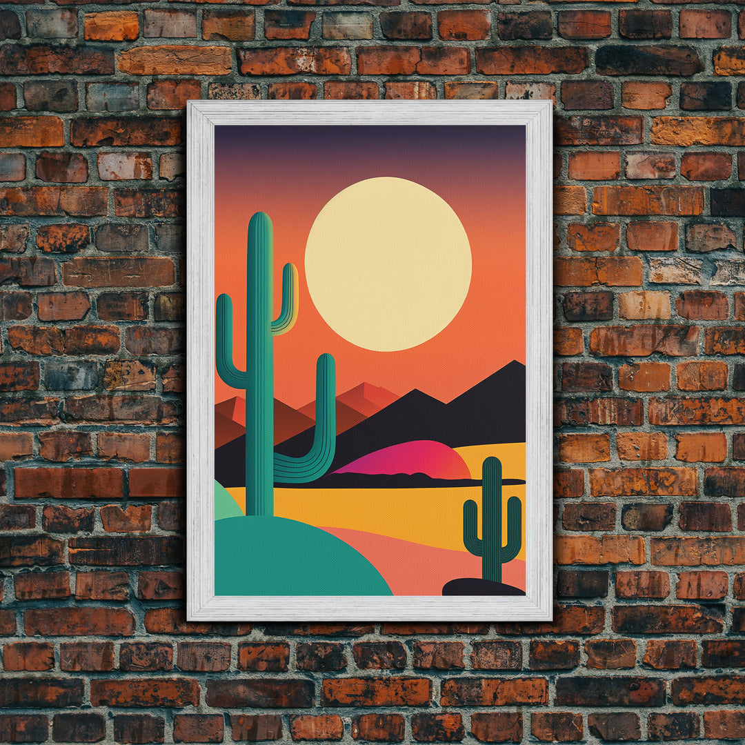 Pop Art Framed Canvas Print of Desert Landscape at Sunset, Outrun Style Sunset Full Moon Art, Unique 80s Vibe Retro Art, Art Deco