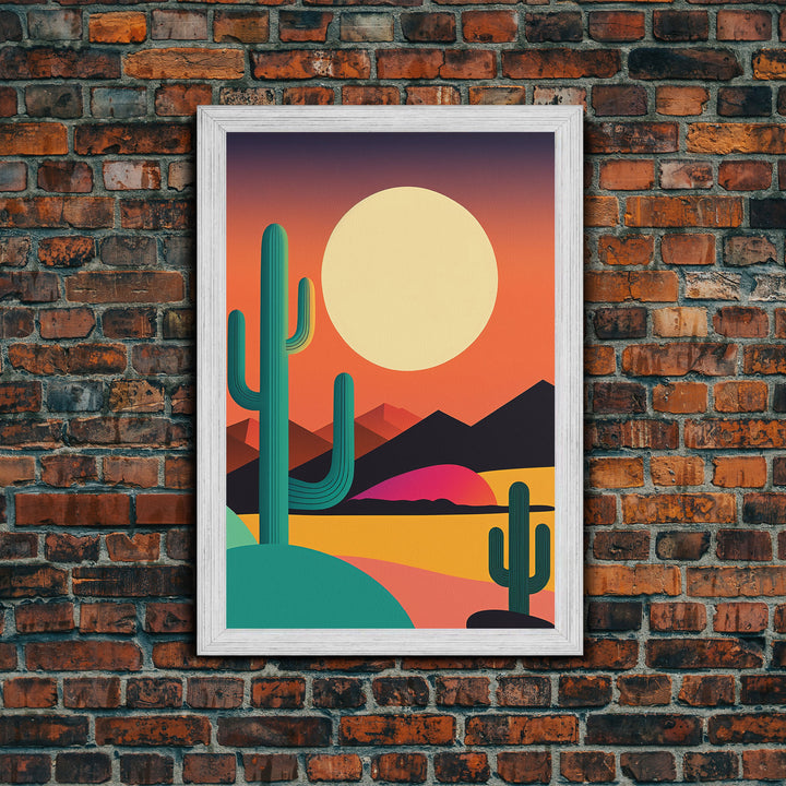 Pop Art Framed Canvas Print of Desert Landscape at Sunset, Outrun Style Sunset Full Moon Art, Unique 80s Vibe Retro Art, Art Deco