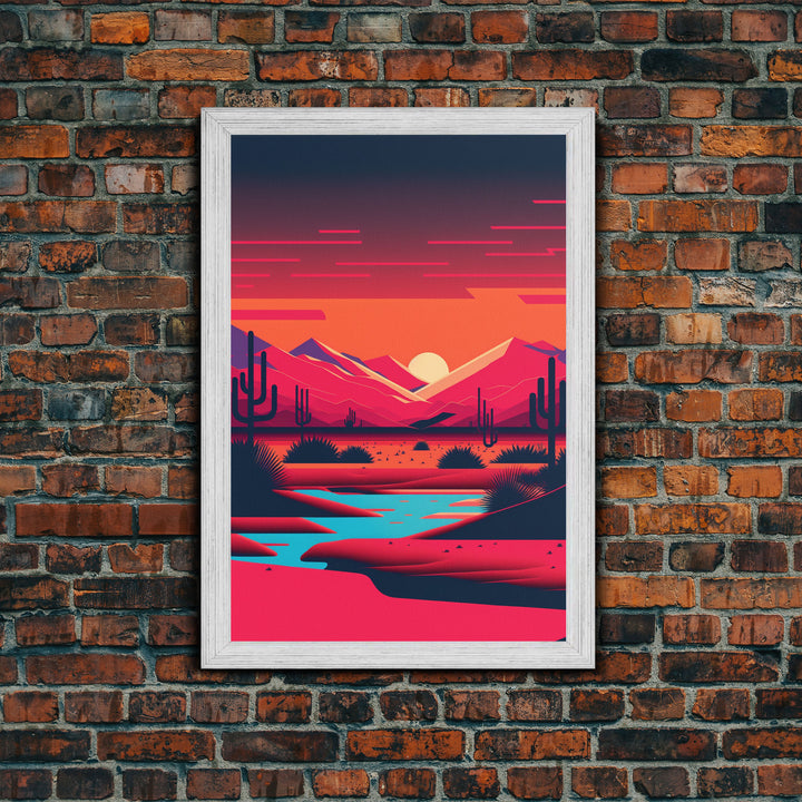 Retro Synthwave Desert Landscape Art, Framed Canvas Print, Unique Sunset Art, Living Room Wall Decor, Framed Art