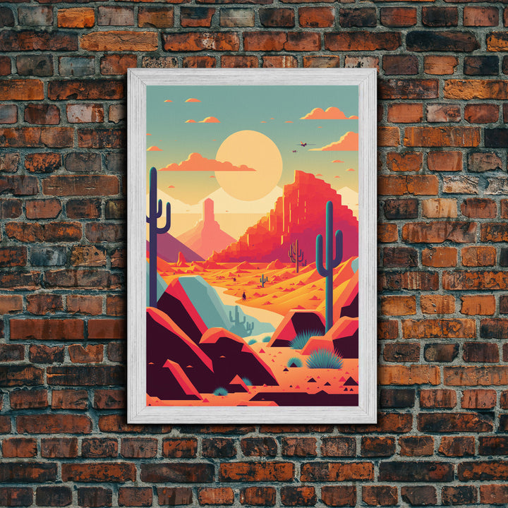 Retro Synthwave Desert Landscape Art, Framed Canvas Print, Unique Sunset Art, Living Room Wall Decor, Framed Art, Southwest Decor