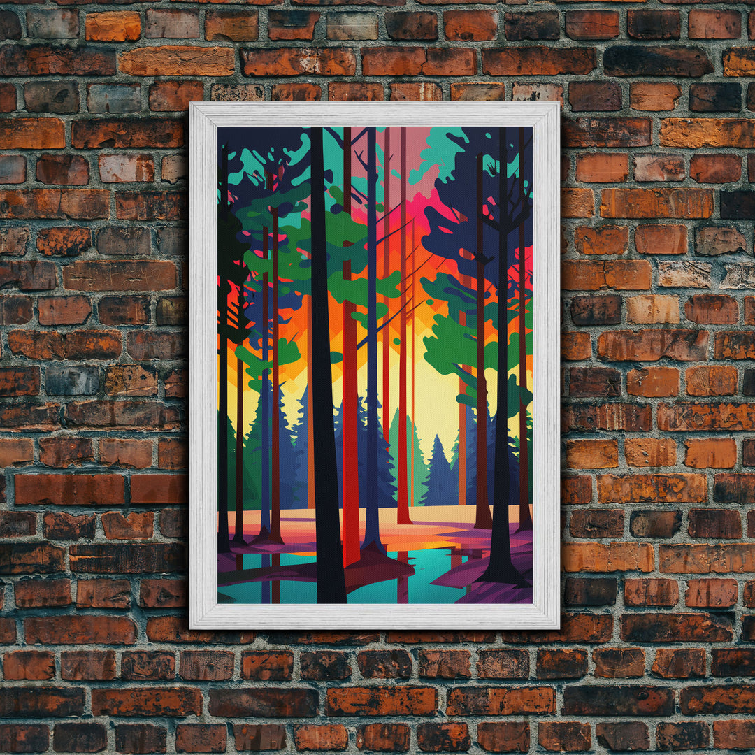 Silhouette Forest Landscape, Framed Canvas Print, Pop Art Minimalist Landscape Art