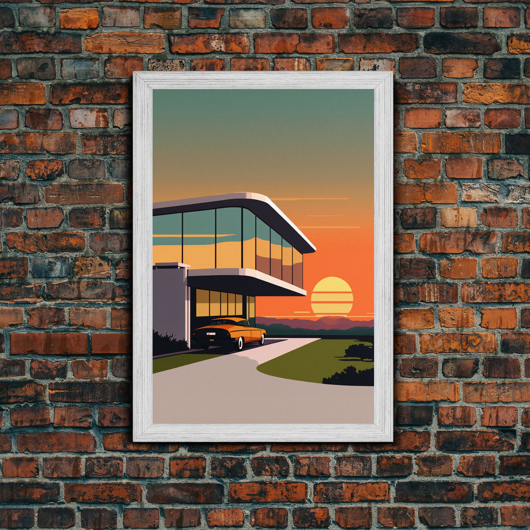 Midcentury Modern Architecture, Minimalist Art, Framed Canvas Print, Retro Style Art, Scandinavian Style Decor, Living Room Art