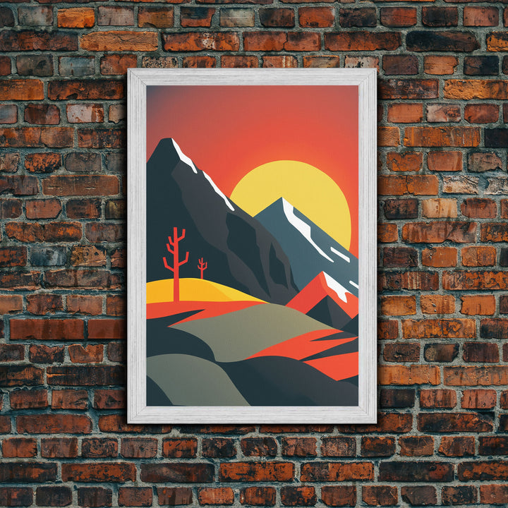 Orange Sky and Sunset over A Mountain Landscape, Framed Canvas Print, Minimalist Abstract Art