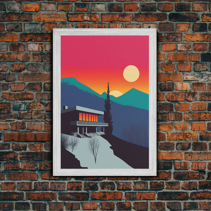 The Lodge, MCM Architecture Art, Framed Canvas Print, Midcentury Mountainside Villa, Colorado Rockies Pop Art