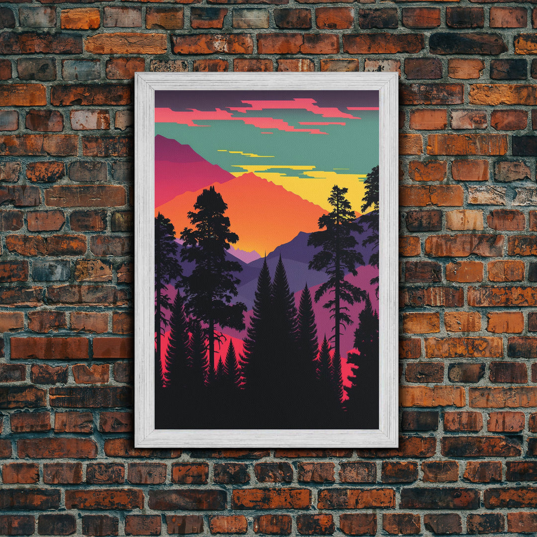 Pacific Northwest Pop Art, Framed Canvas Prints, Washington State, Pine Tree Forest and Mountain Landscape at Sunset, Vibrant Art