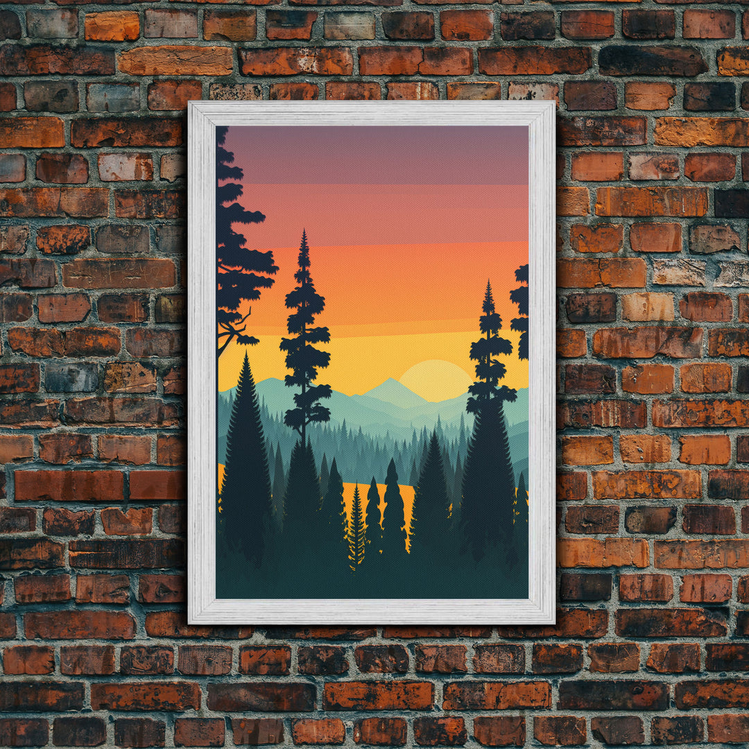 Oregon Landscape Pop Art, Framed Canvas Prints, Washington State, Pine Tree Forest and Mountain Landscape at Sunset, Vibrant Art