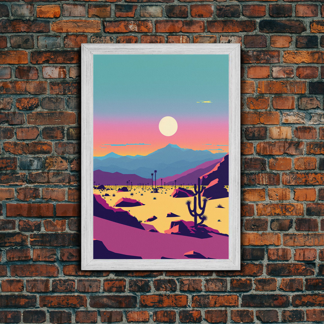 Synthwave Desert Landscape, Subdued Pastel Nature Art, Southwestern Decor, Framed Canvas Print, Pink and Turquoise Skies