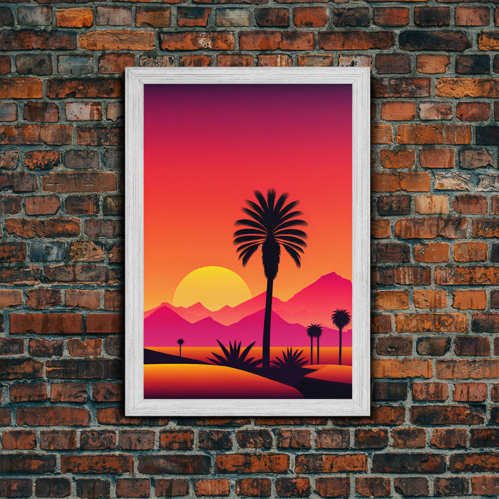 Palm Trees at Sunset, Synthwave Decor, 80s Retro Vibes Landscape Art, Framed Canvas Print