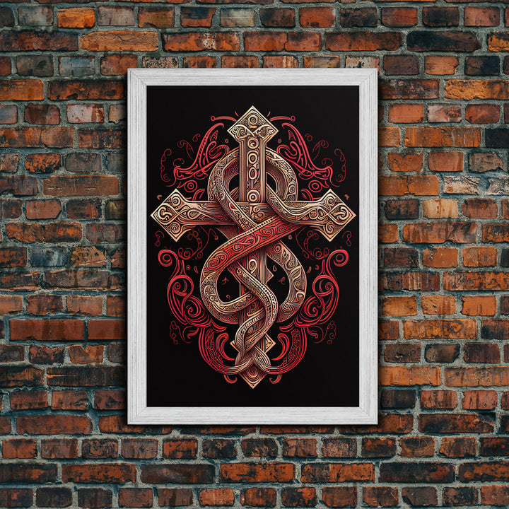 Cool Cross Art | Wall Art | Gothic Cross | Framed Canvas Print | Framed Art | Red and White Cross & Snake