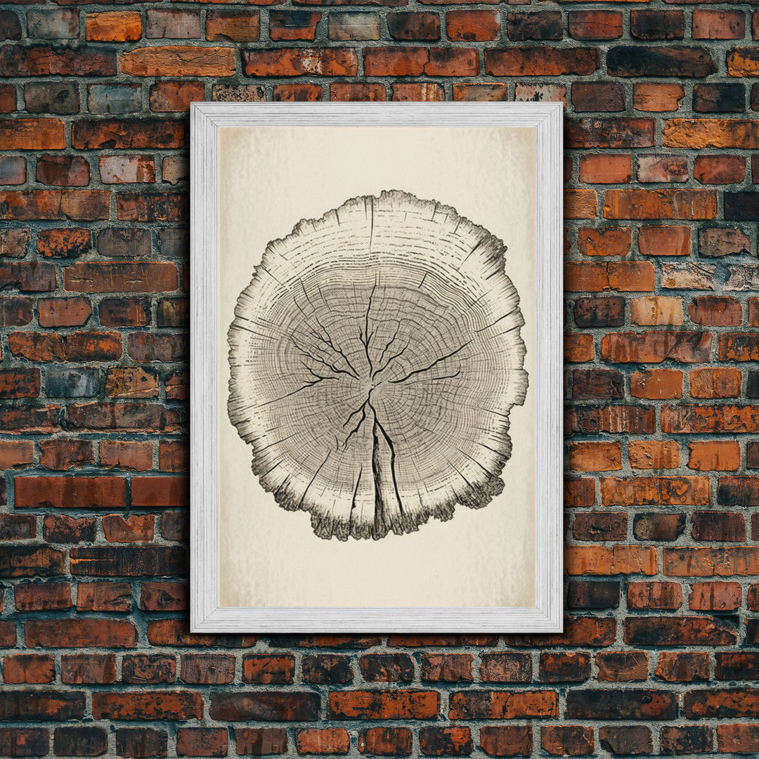 Framed Wall Art Canvas Print, Tree Cross Section, Tree Rings, Rustic Art, Farmhouse Decor, Oak Wood Tree Rings, Illustration, Gift For Him