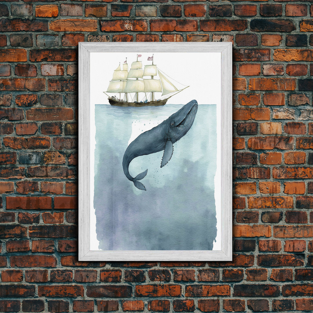 Framed Wall Art Blue Whale Painting, Watercolor Painting, Whale Print, Whale and Boat, Whale Nursery, Humpback Whale, Framed Wall Art