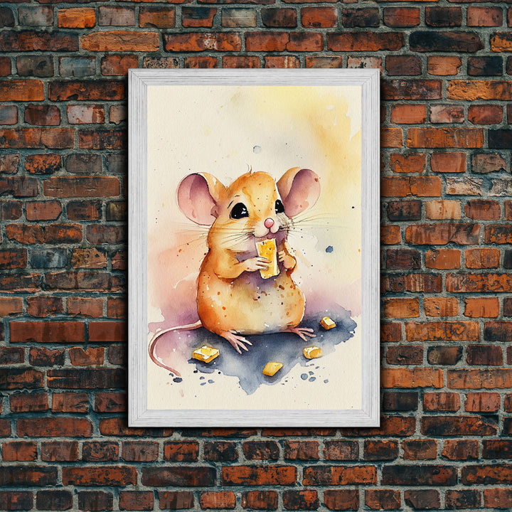 Mouse monchin' some cheese Watercolor Print, Mouse Art Painting, Framed Canvas Print, Cute mouse cartoon